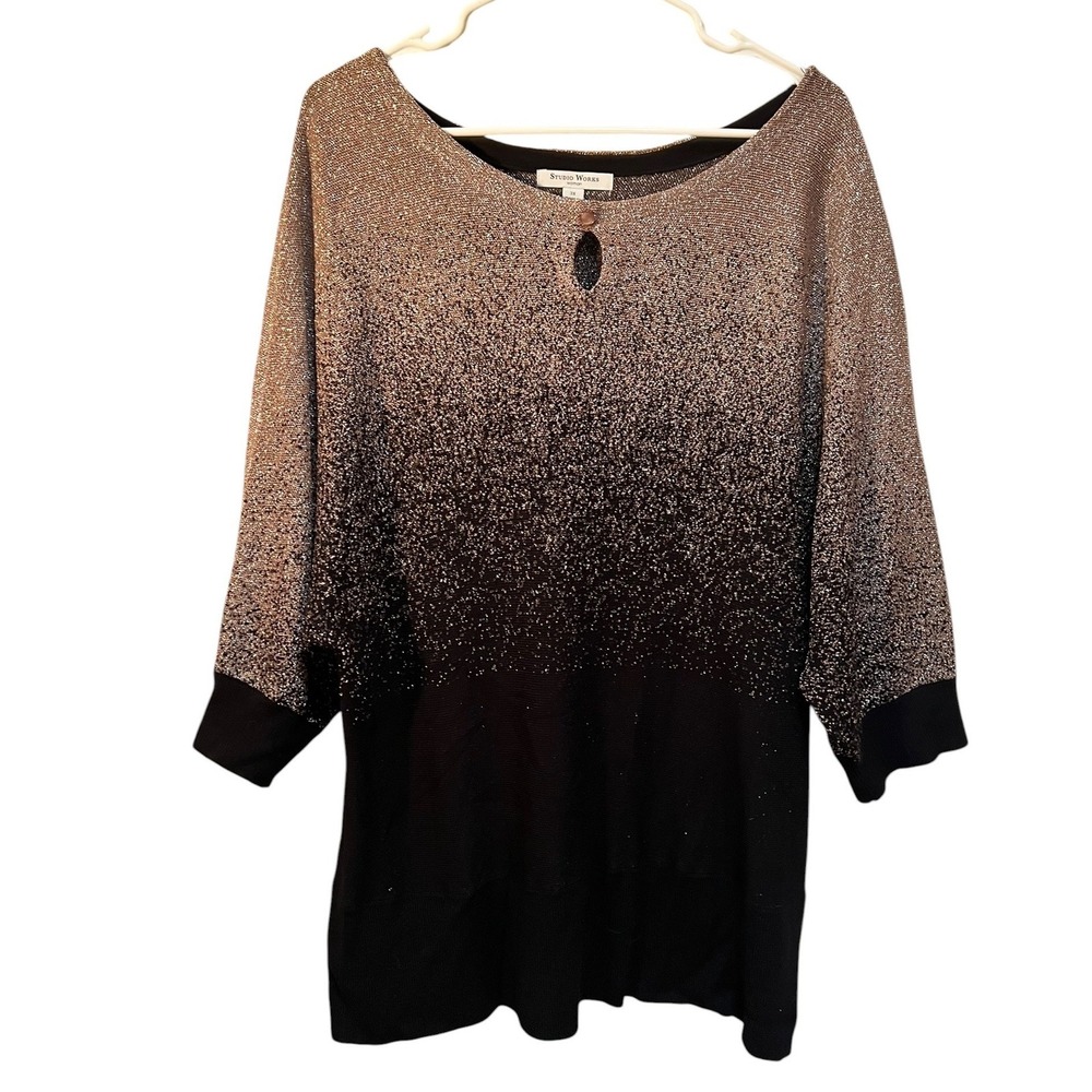 Studio Works Womens Plus Size 3X Blouse Black Rose Gold Metallic Glitter Keyhole